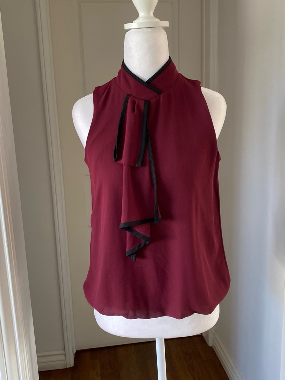 BCX Burgundy Sleeveless Tie-Neck Camisole with Black Trim